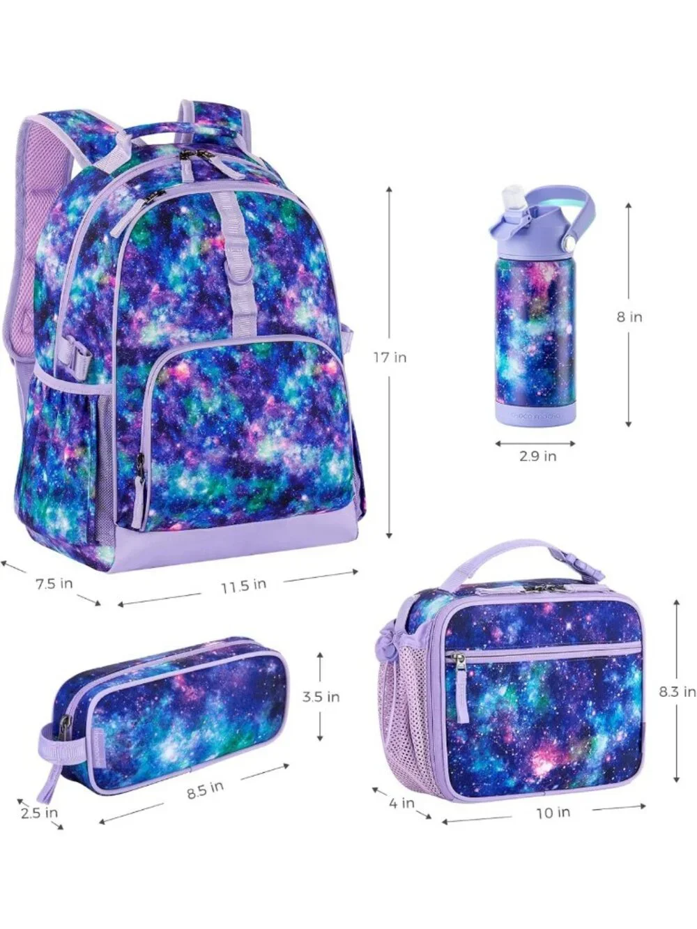 Unicorn Backpack Set for Kids - Girls Bookbag with Lunch Box & Water Bottle, 17
